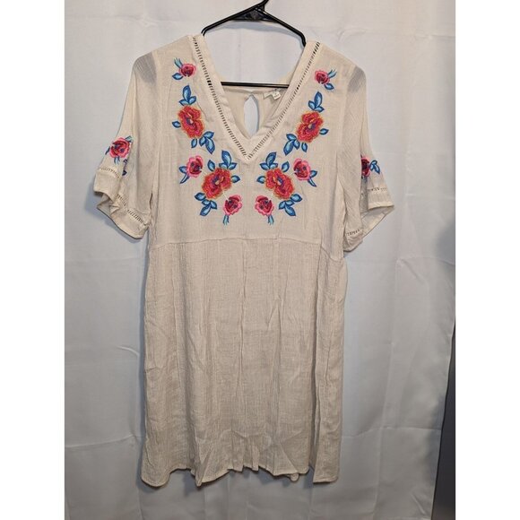 Umgee Beige Heavy Embroidered Floral Print Short Sleeve Dress Size Medium Boho - Picture 1 of 15